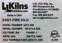 Photo of Kiln Data Nameplate