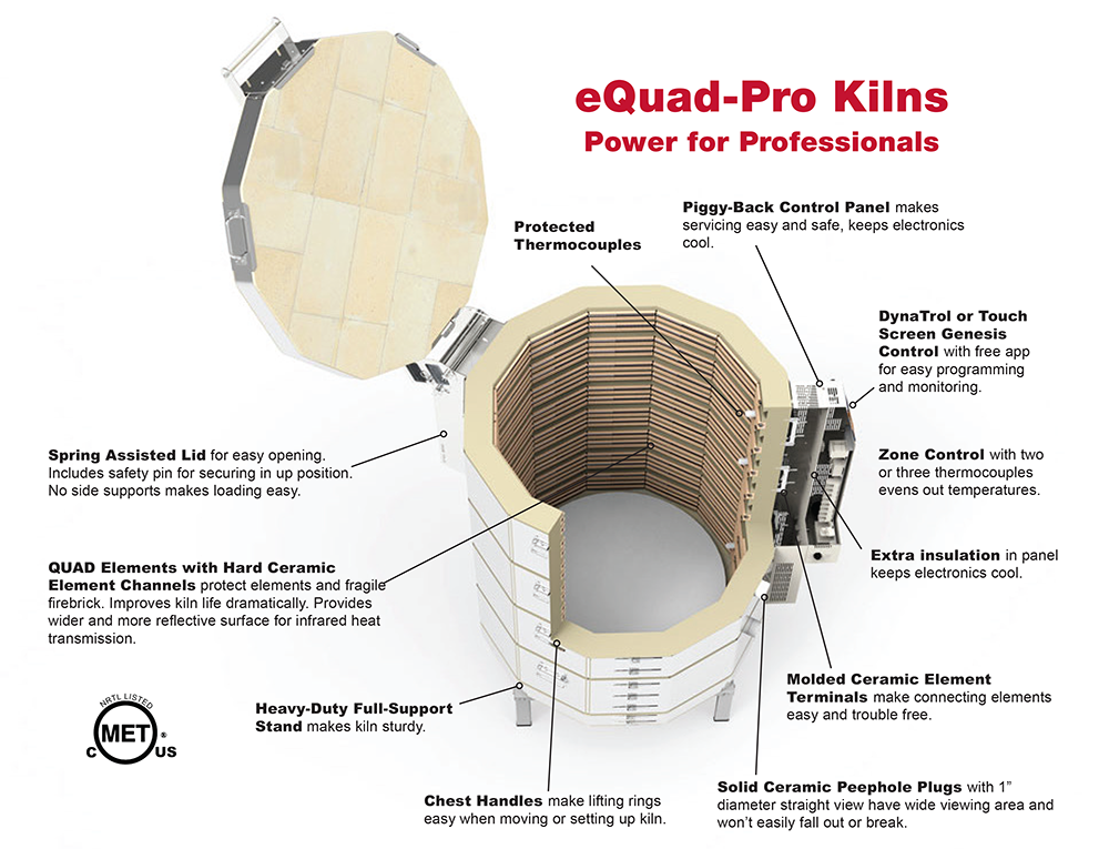 L&L eQuad Pro Kilns are for pottery professionals with extra power and long-lasting Quad elements, sustainable maintenance features, touch-screen control