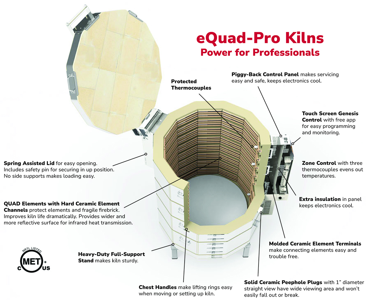 L&L eQuad Pro Kilns are for pottery professionals with extra power and long-lasting Quad elements, sustainable maintenance features, touch-screen control